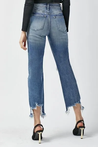 RISEN High Waisted Distressed Chewed Raw Hem Blue Denim Cropped Straight Leg Jeans