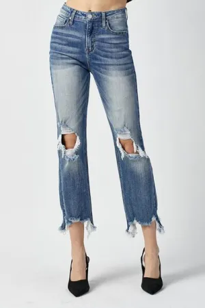 RISEN High Waisted Distressed Chewed Raw Hem Blue Denim Cropped Straight Leg Jeans