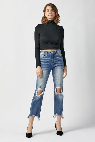 RISEN High Waisted Distressed Chewed Raw Hem Blue Denim Cropped Straight Leg Jeans