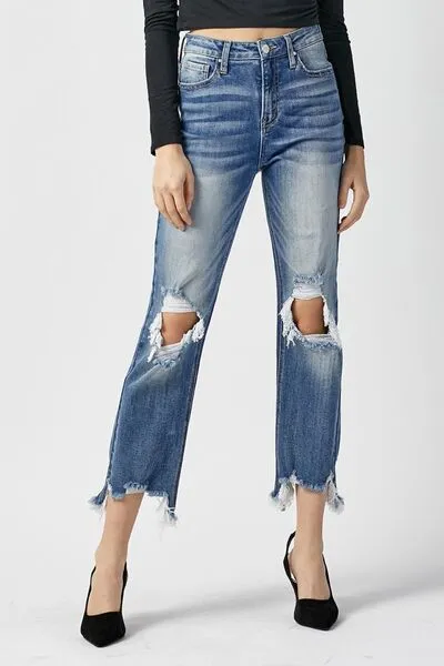 RISEN High Waisted Distressed Chewed Raw Hem Blue Denim Cropped Straight Leg Jeans