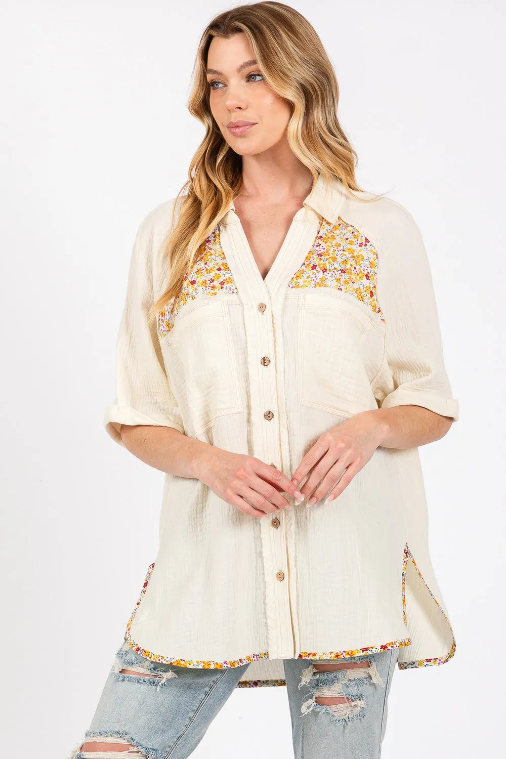 SAGE   FIG Full Size Floral Detail Button Up Short Sleeve Shirt Shacket
