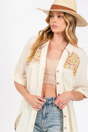SAGE   FIG Full Size Floral Detail Button Up Short Sleeve Shirt Shacket