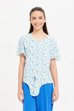 Senior Girls Blue And White Floral Front Tie Blouse