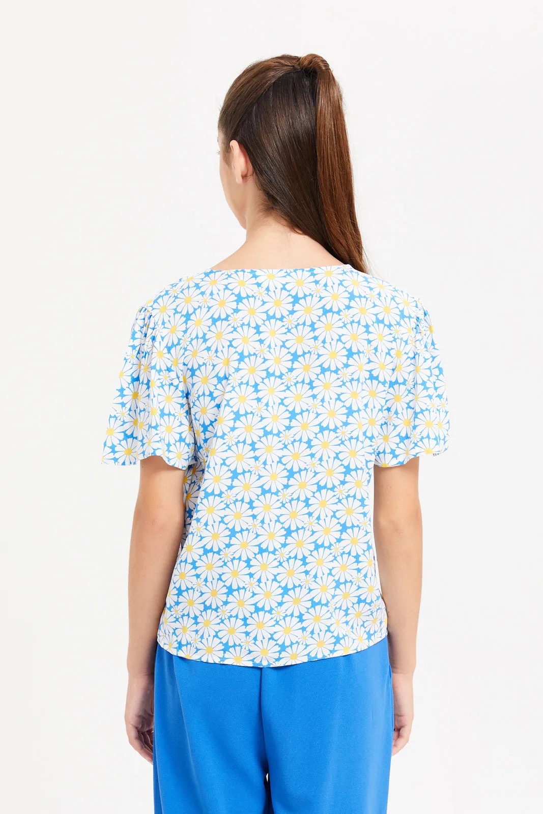 Senior Girls Blue And White Floral Front Tie Blouse