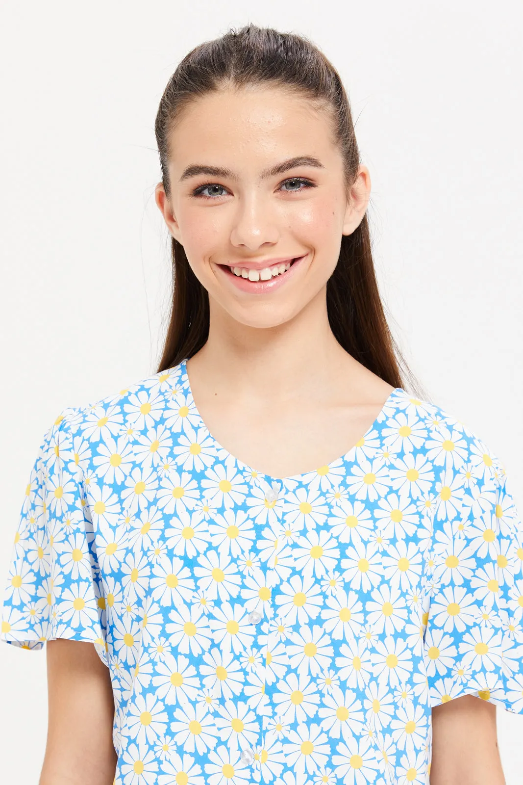 Senior Girls Blue And White Floral Front Tie Blouse