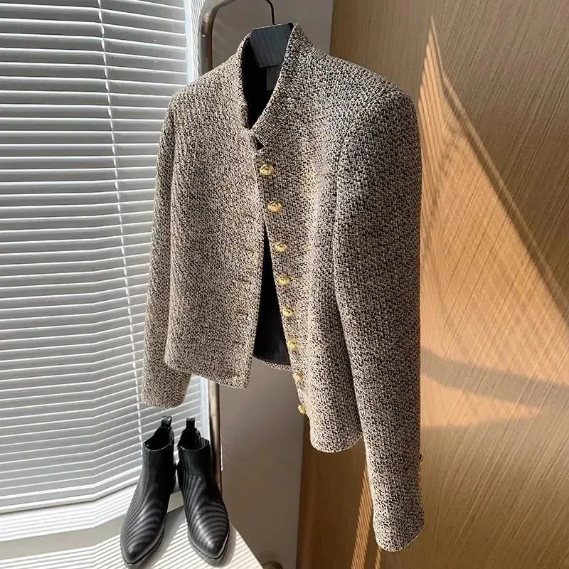 Short Cropped Style Tweed Single Breasted Women's Jacket