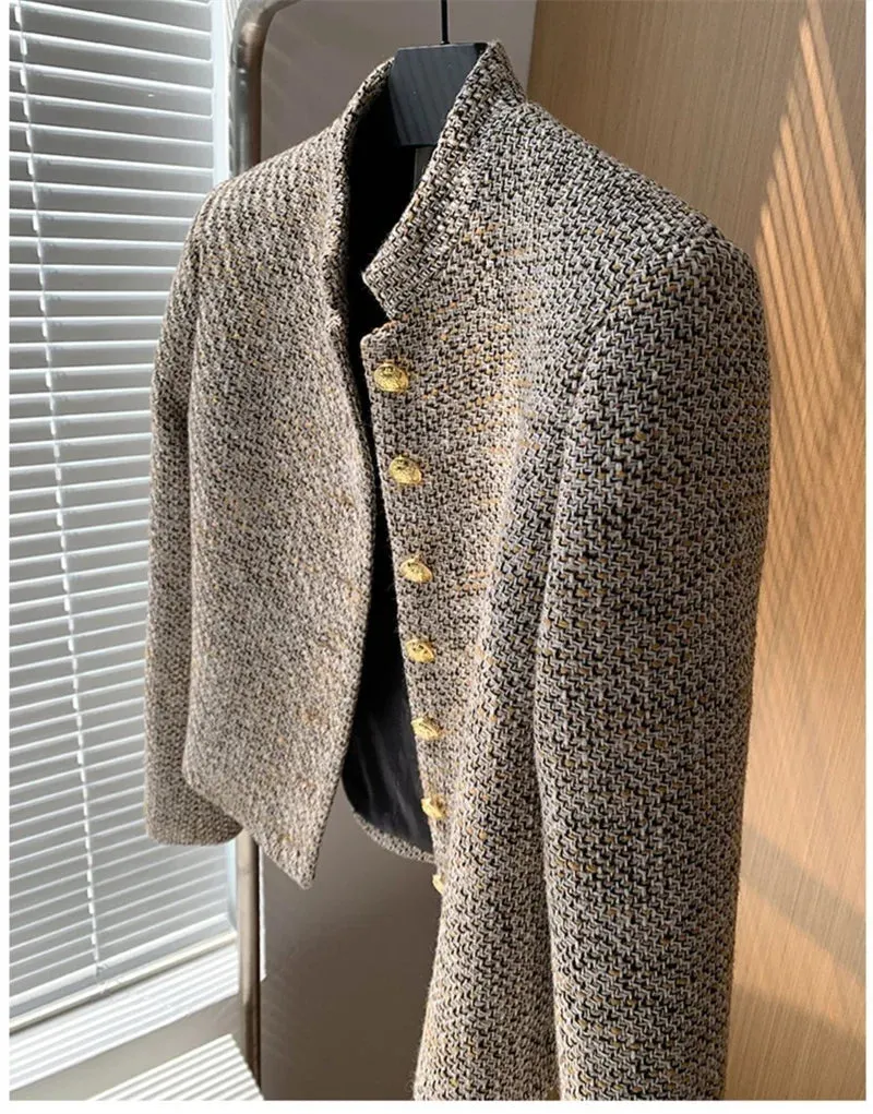 Short Cropped Style Tweed Single Breasted Women's Jacket