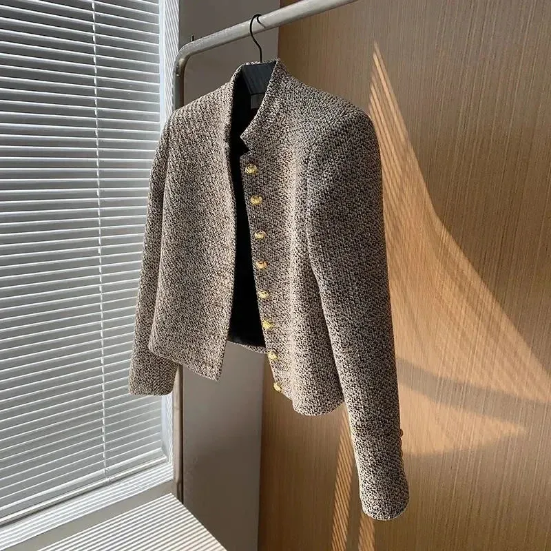 Short Cropped Style Tweed Single Breasted Women's Jacket