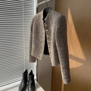 Short Cropped Style Tweed Single Breasted Women's Jacket