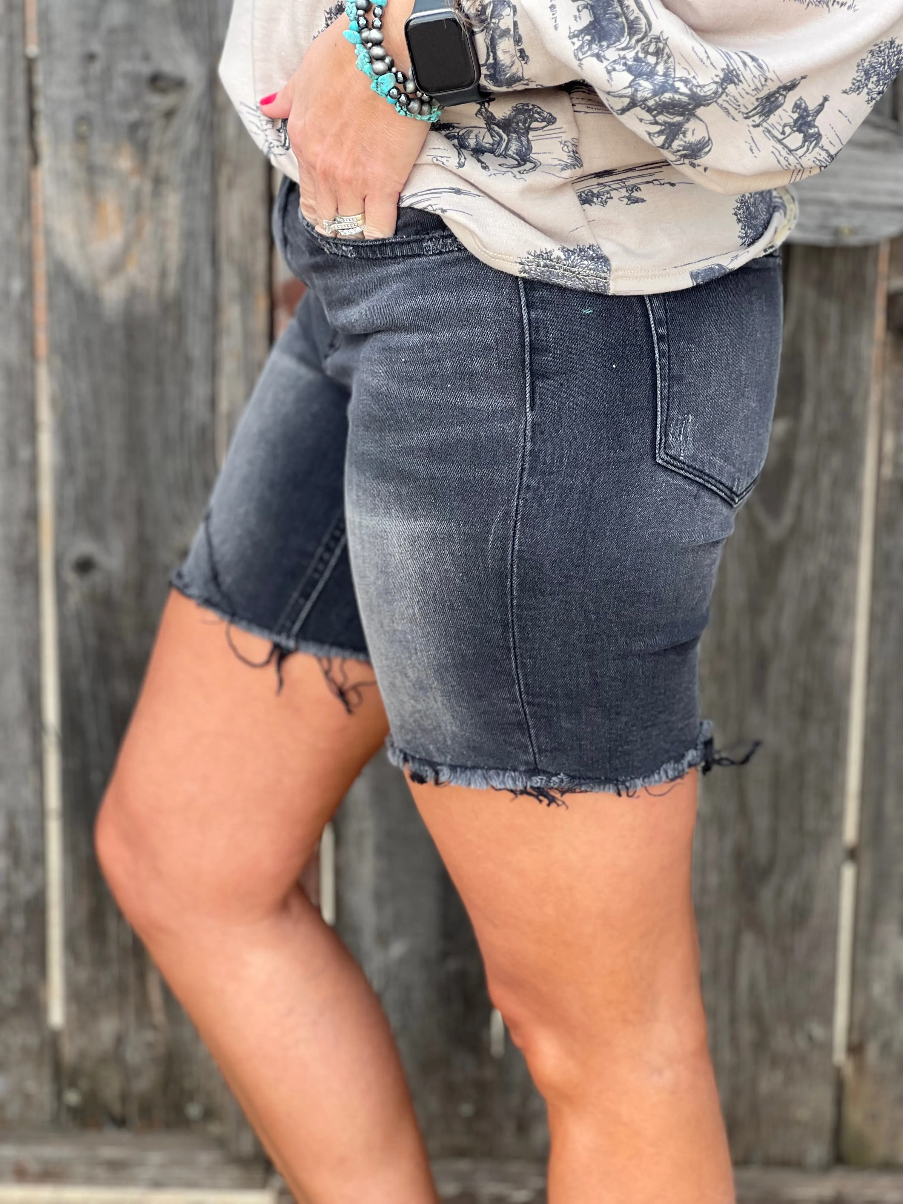 Simona Black High Rise Raw Hem Shorts