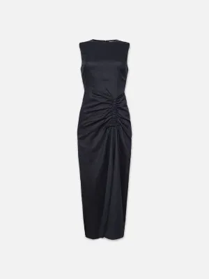 Sleeveless Ruched Front Tie Dress -- Navy