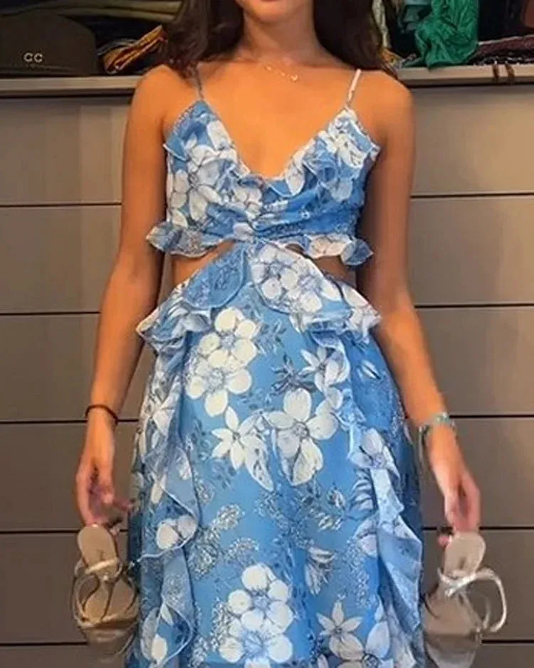 SLEEVELESS RUFFLED PRINTED CHIFFON DRESS