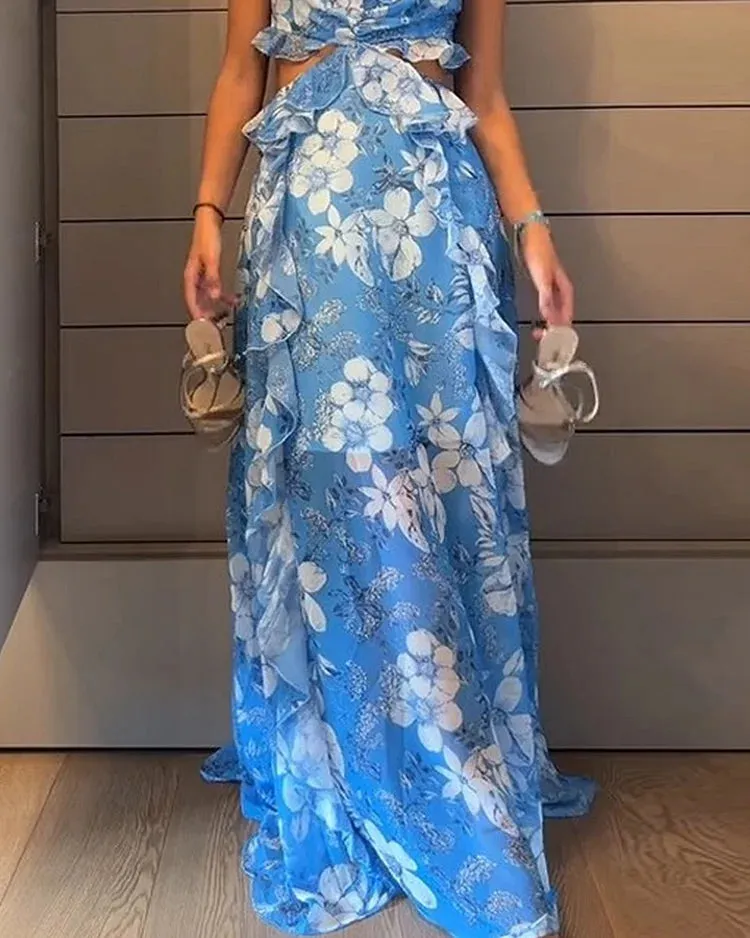 SLEEVELESS RUFFLED PRINTED CHIFFON DRESS