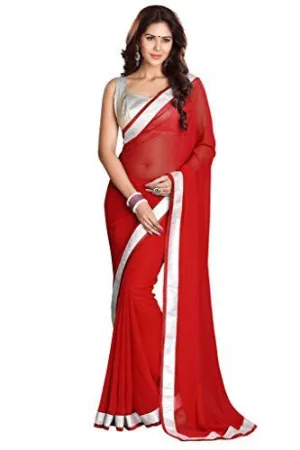 Sourbh Sarees Women's Red Faux Georgette Saree With Unstitched Blouse Piece