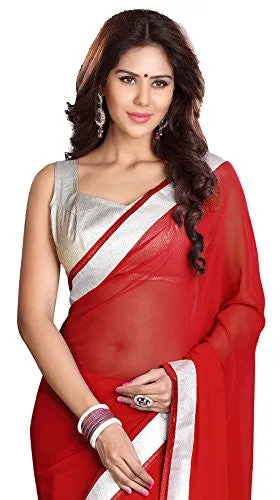 Sourbh Sarees Women's Red Faux Georgette Saree With Unstitched Blouse Piece