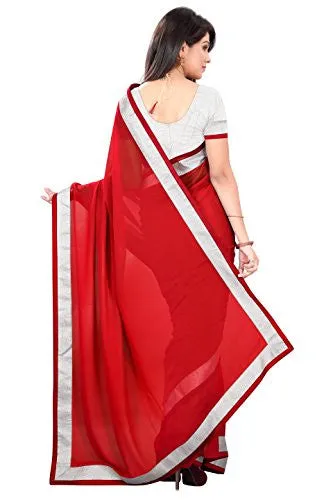 Sourbh Sarees Women's Red Faux Georgette Saree With Unstitched Blouse Piece