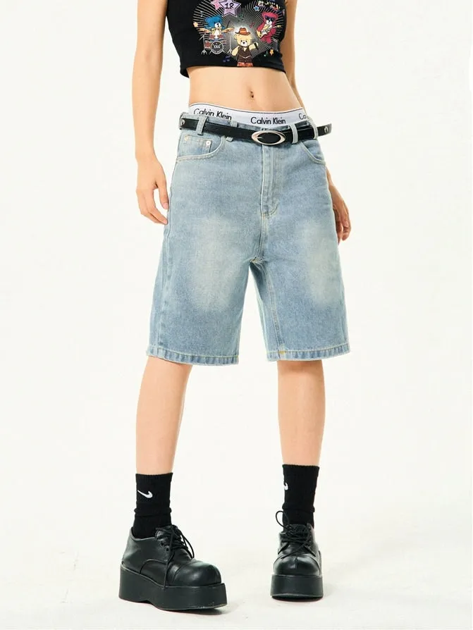 Straight Low-Waisted Faded Denim Bermuda Shorts