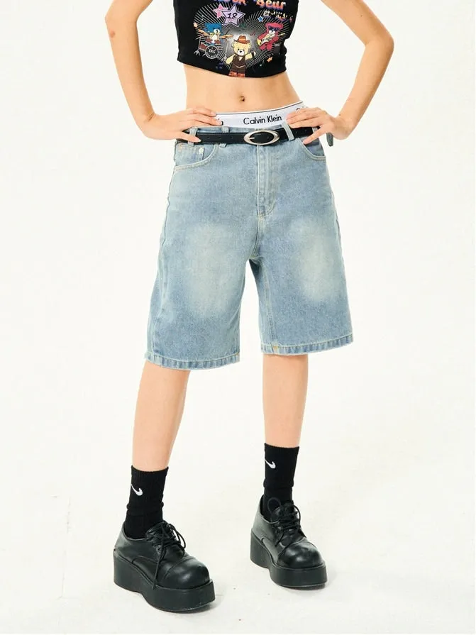 Straight Low-Waisted Faded Denim Bermuda Shorts