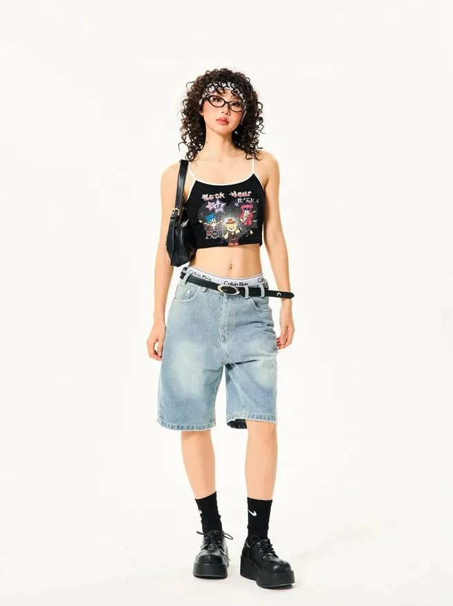 Straight Low-Waisted Faded Denim Bermuda Shorts