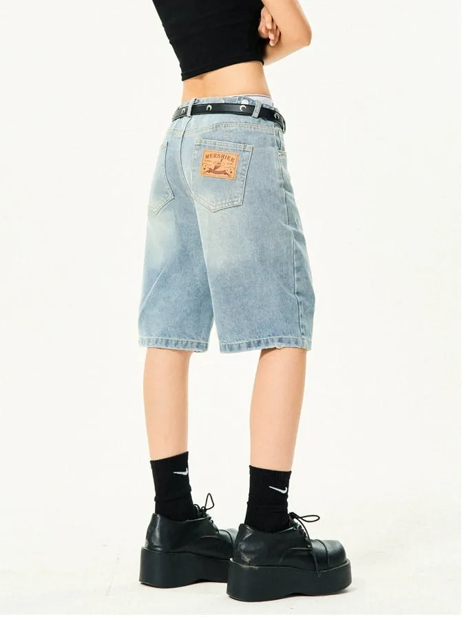 Straight Low-Waisted Faded Denim Bermuda Shorts
