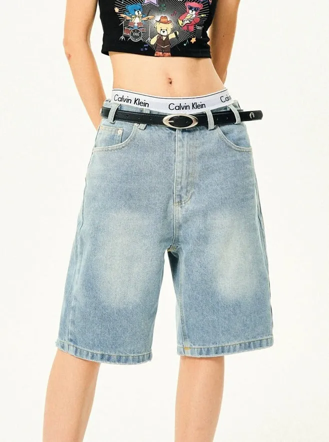 Straight Low-Waisted Faded Denim Bermuda Shorts