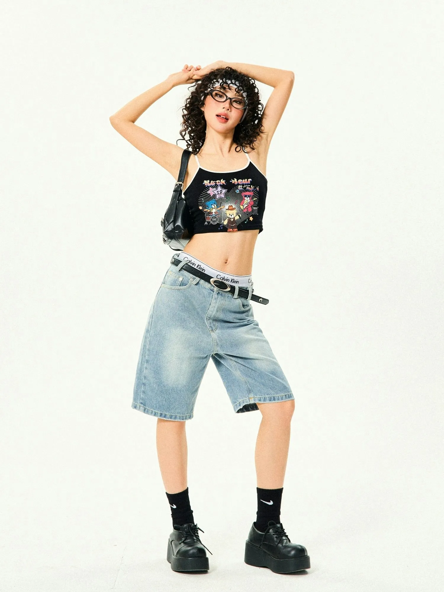 Straight Low-Waisted Faded Denim Bermuda Shorts