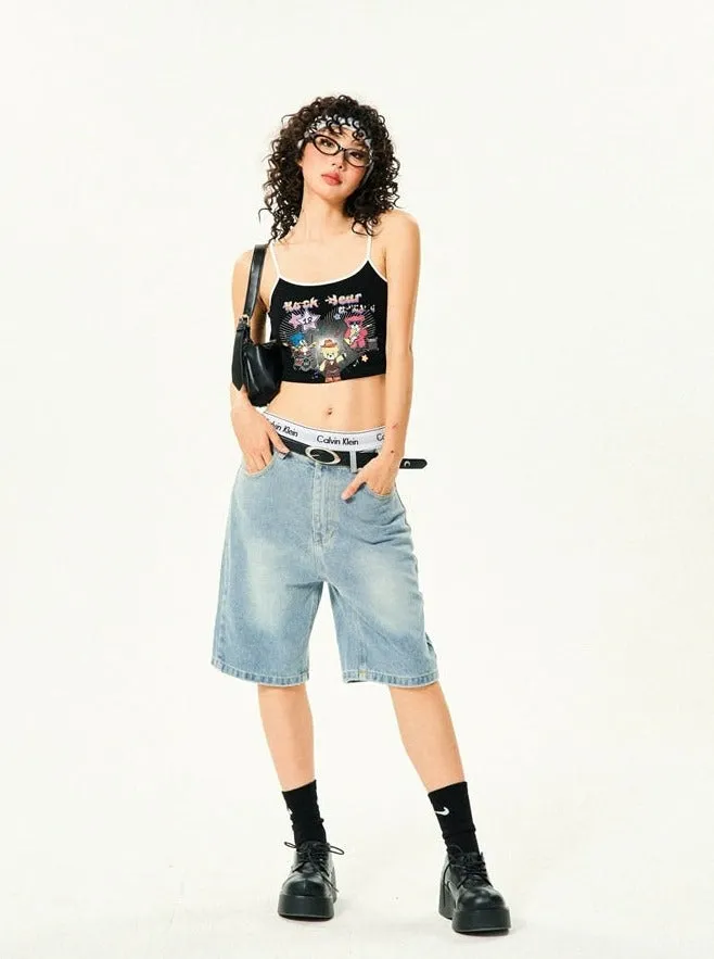 Straight Low-Waisted Faded Denim Bermuda Shorts