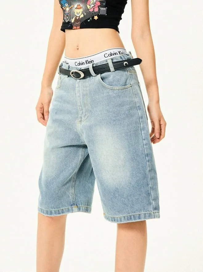 Straight Low-Waisted Faded Denim Bermuda Shorts