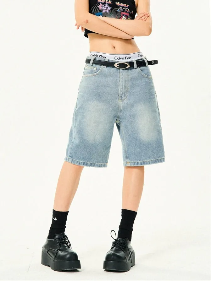 Straight Low-Waisted Faded Denim Bermuda Shorts