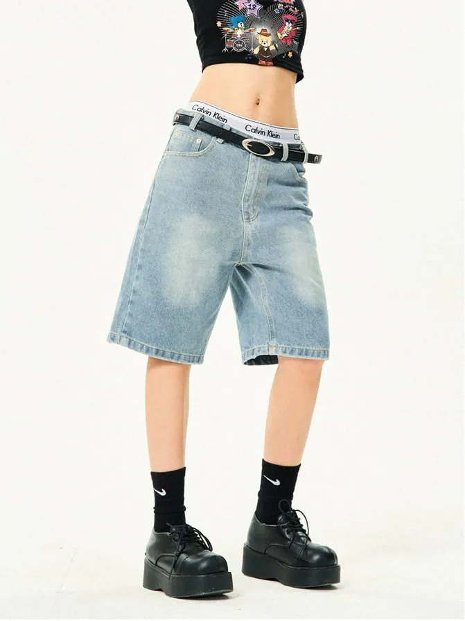 Straight Low-Waisted Faded Denim Bermuda Shorts