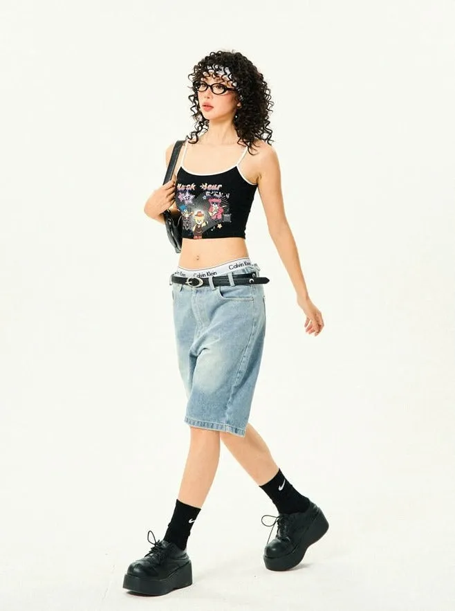 Straight Low-Waisted Faded Denim Bermuda Shorts