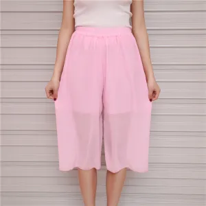 Summer Women Three Quarter Chiffon Wide Leg Pants Korean Double Layer Casual Loose Plus Size Thin Pleated Culottes