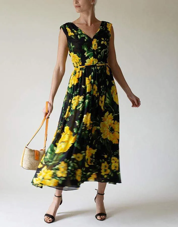V-Neck Floral Print A-Line Dress