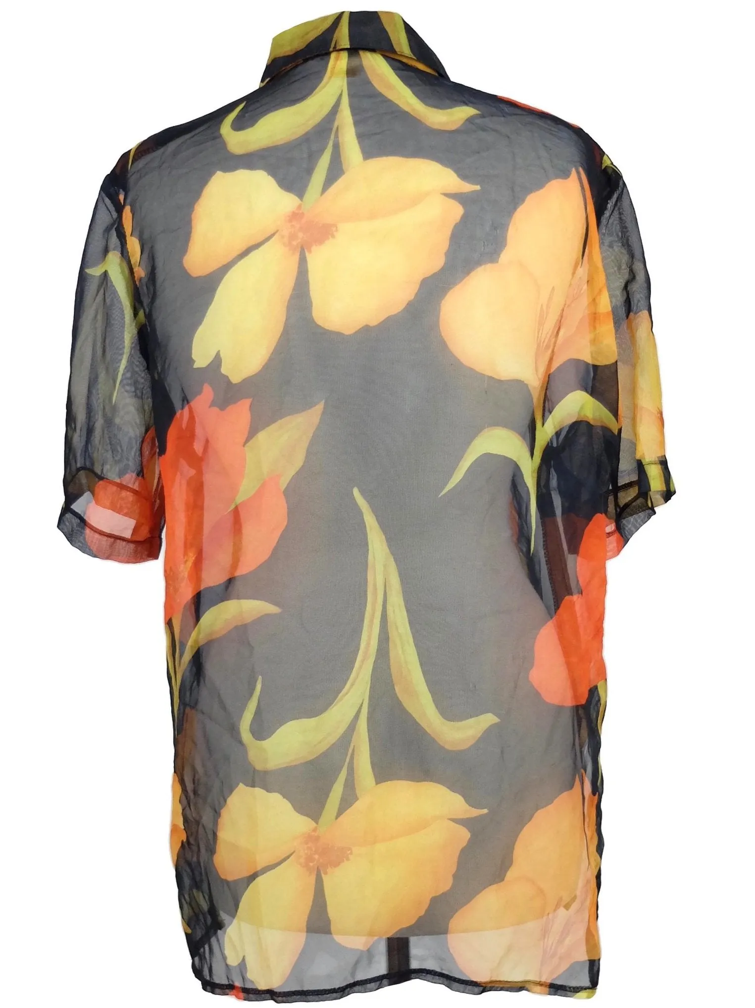 Vintage 40s Floral Sheer Chiffon Collared Button Up Half Sleeve Hawaiian Shirt