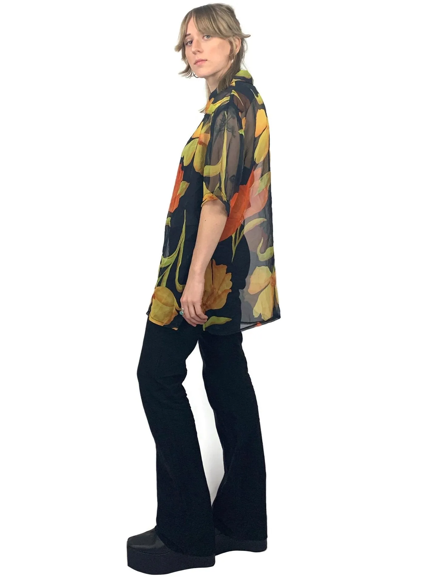 Vintage 40s Floral Sheer Chiffon Collared Button Up Half Sleeve Hawaiian Shirt