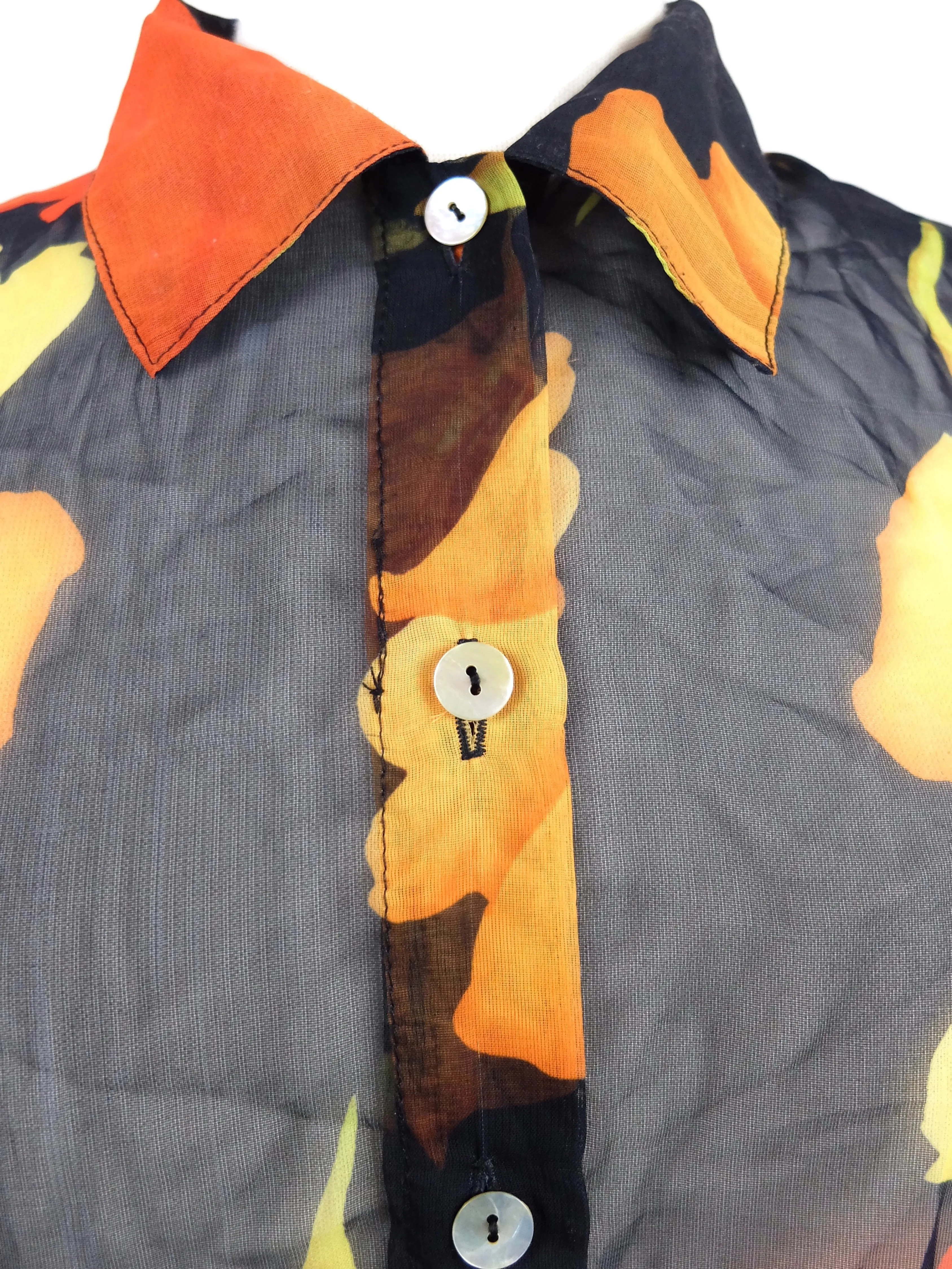 Vintage 40s Floral Sheer Chiffon Collared Button Up Half Sleeve Hawaiian Shirt
