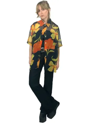 Vintage 40s Floral Sheer Chiffon Collared Button Up Half Sleeve Hawaiian Shirt