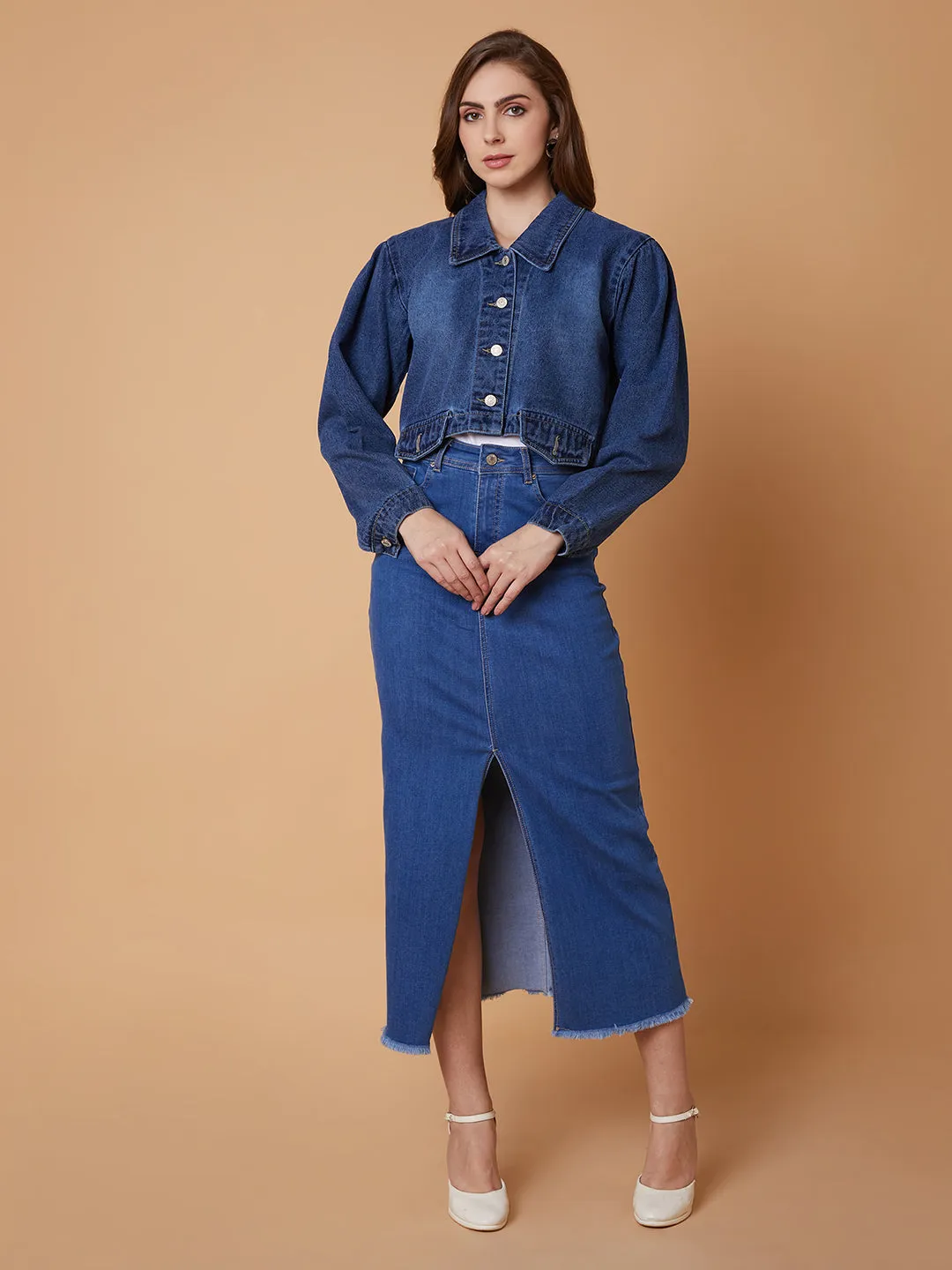 Women Blue Oversized Crop Denim Jacket