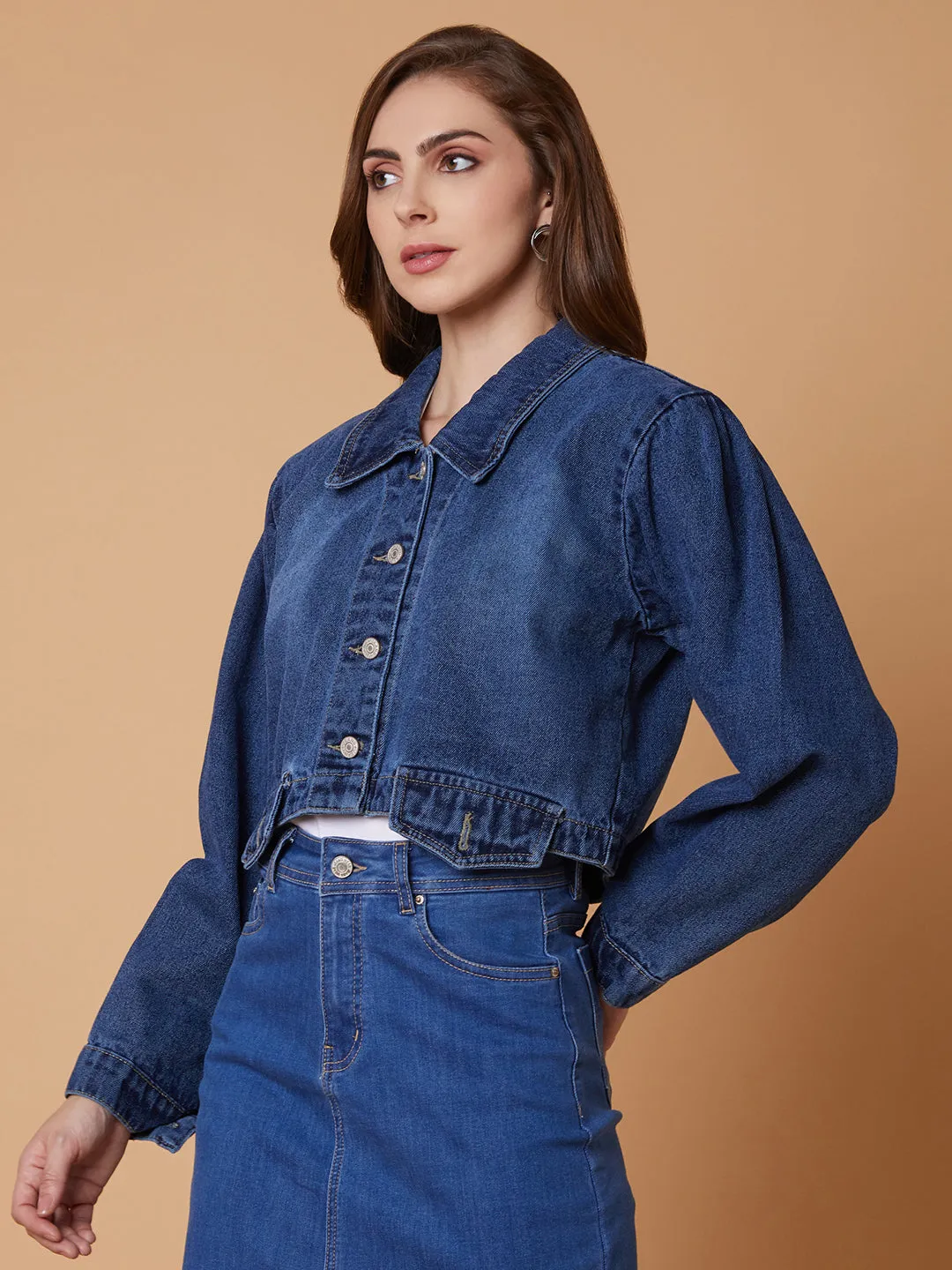 Women Blue Oversized Crop Denim Jacket