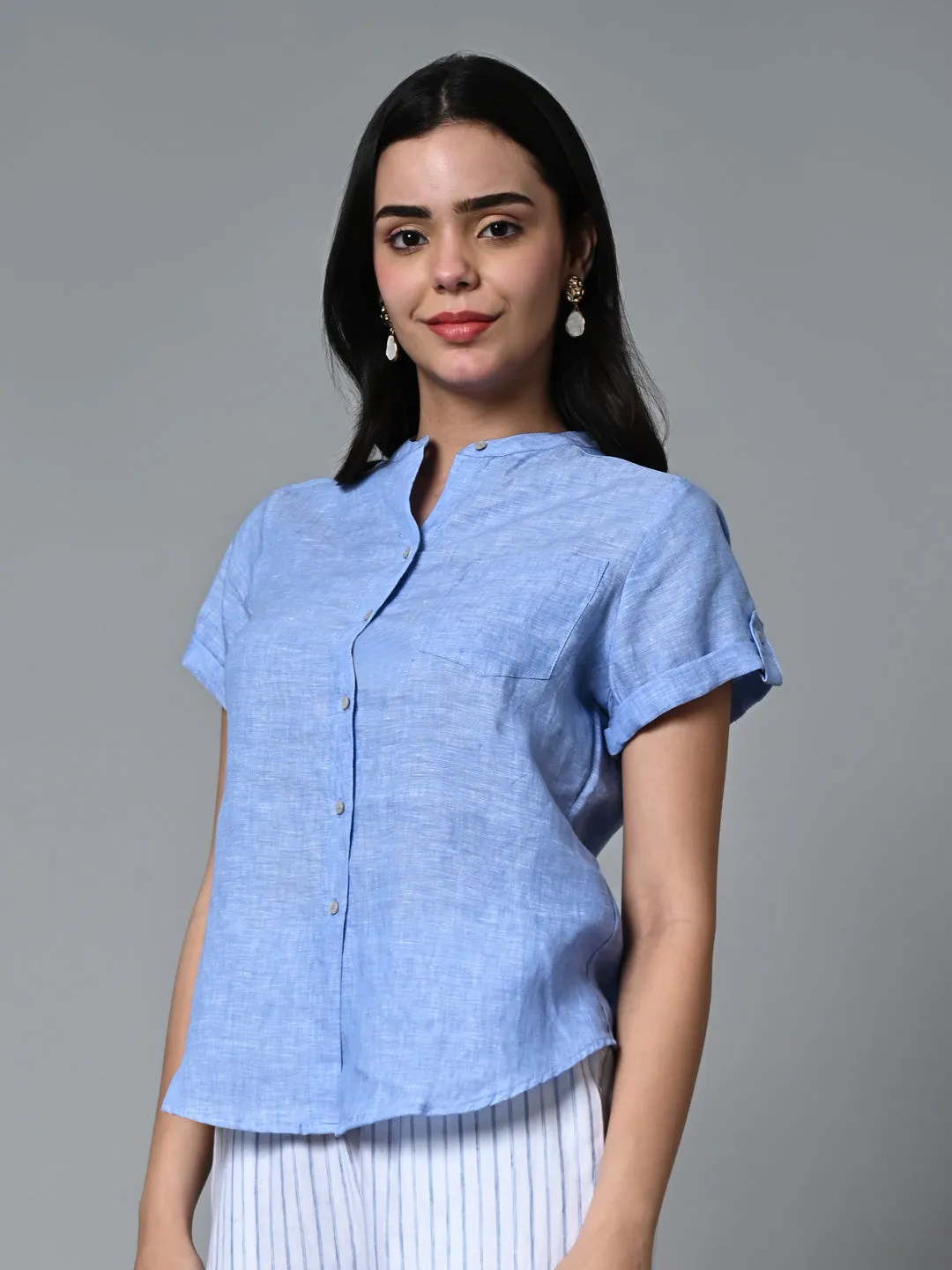 Women's Blue Linen Regular Fit Blouse