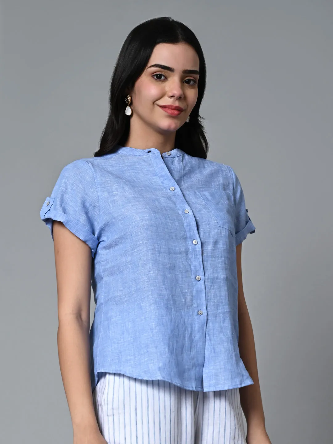 Women's Blue Linen Regular Fit Blouse
