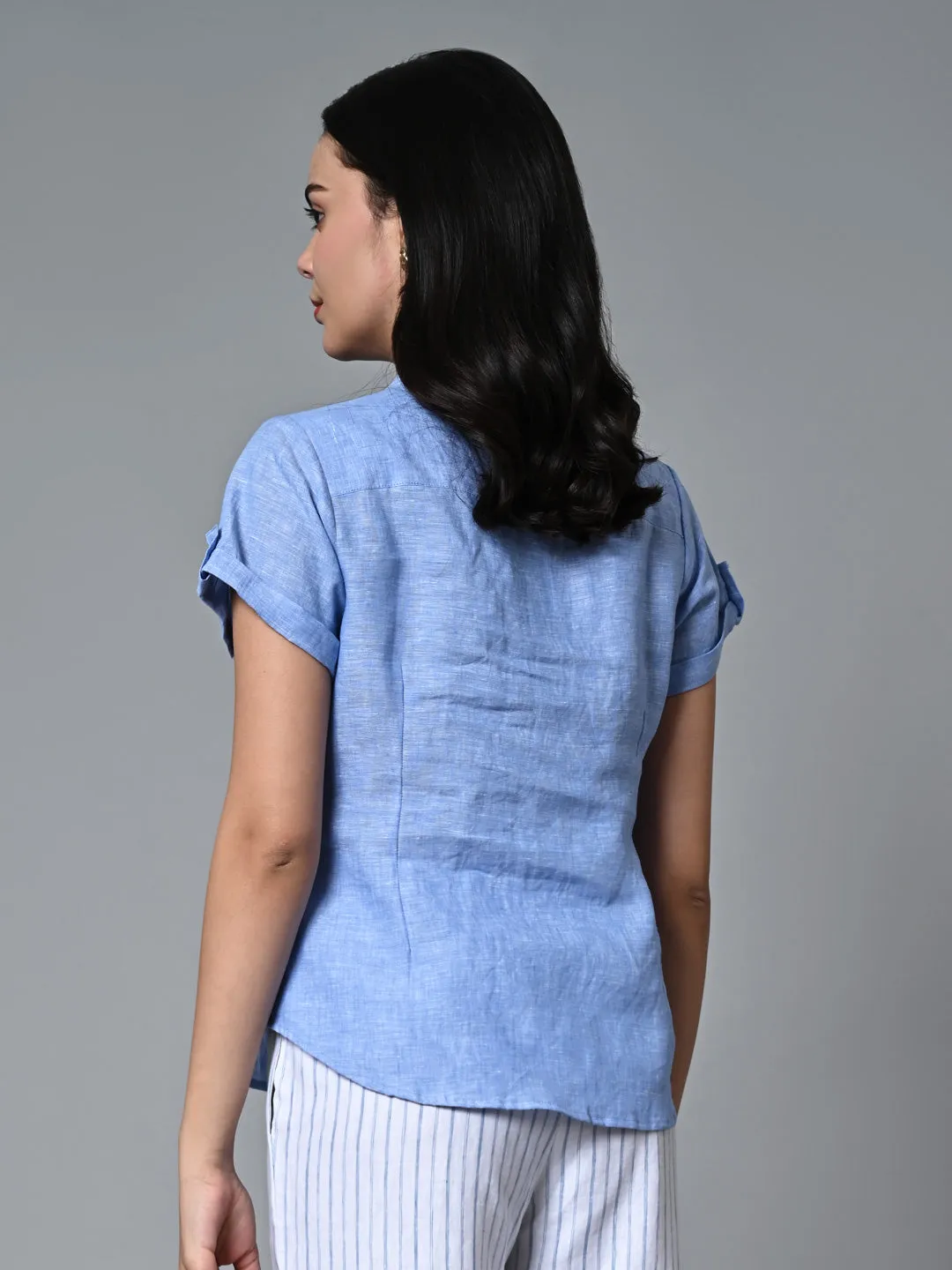 Women's Blue Linen Regular Fit Blouse