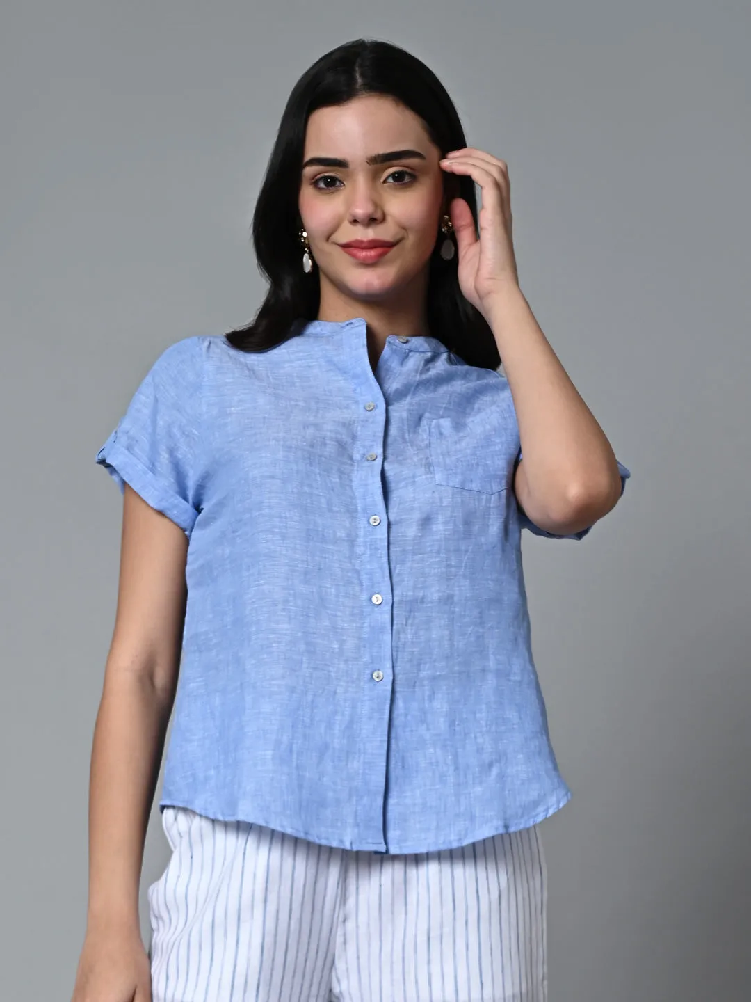 Women's Blue Linen Regular Fit Blouse