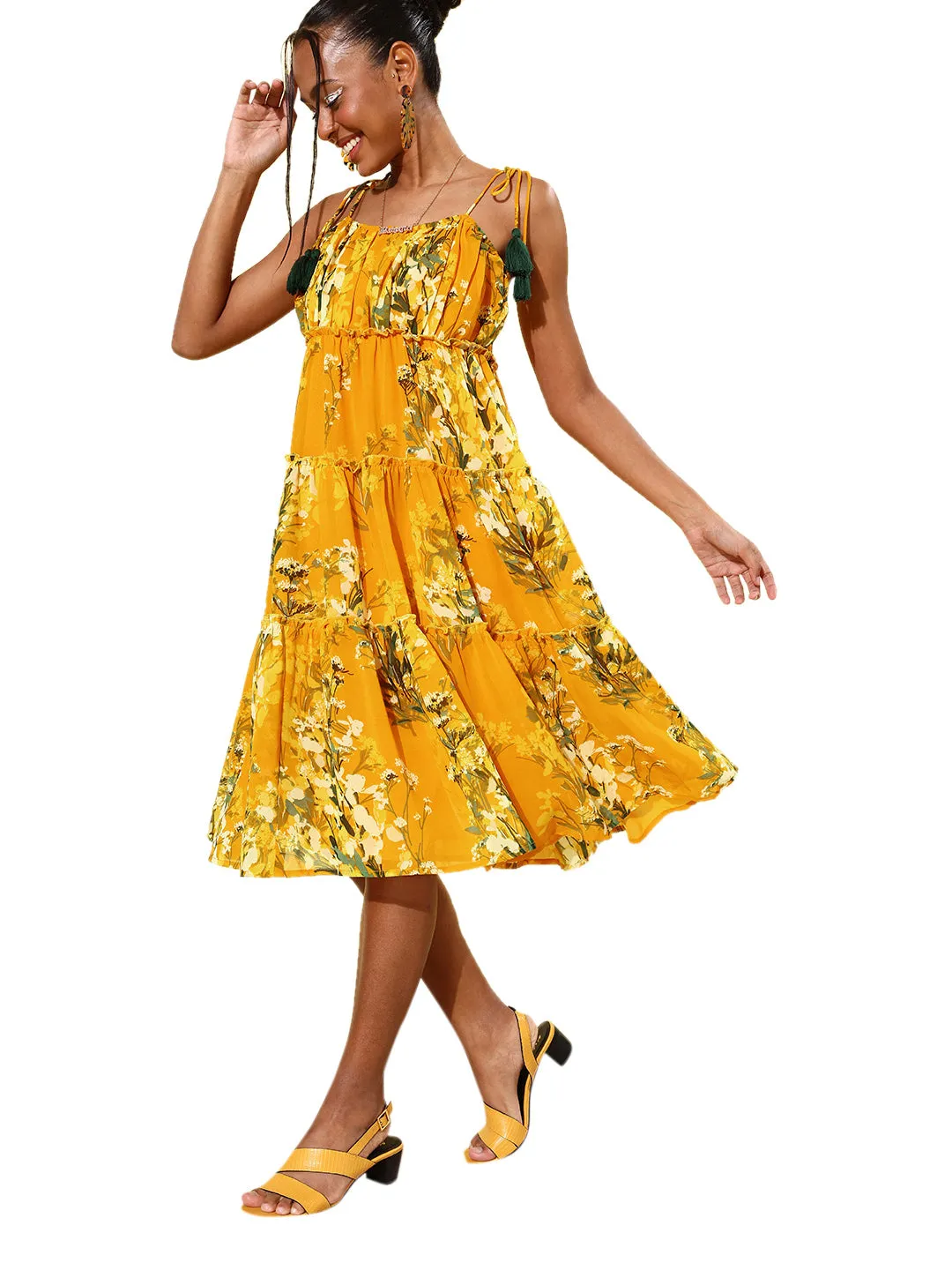 Women's Floral Tier Midi Dress with String Tie Ups- Yellow - StyleStone
