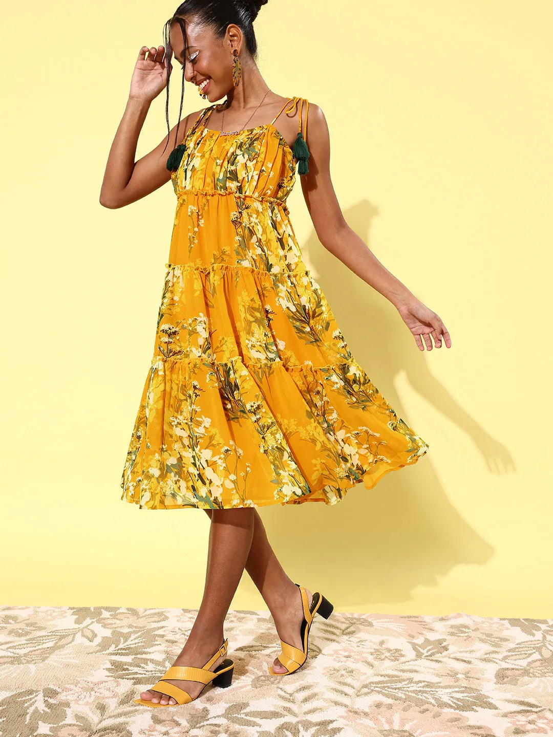Women's Floral Tier Midi Dress with String Tie Ups- Yellow - StyleStone