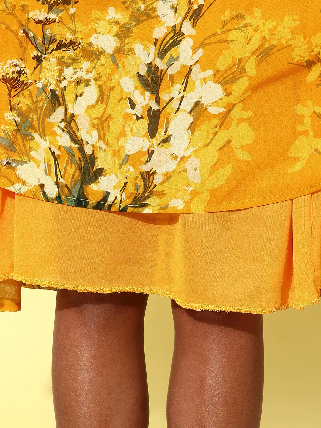 Women's Floral Tier Midi Dress with String Tie Ups- Yellow - StyleStone