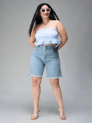 Women's Light Blue High Rise Above Knee Stretchable Denim Shorts