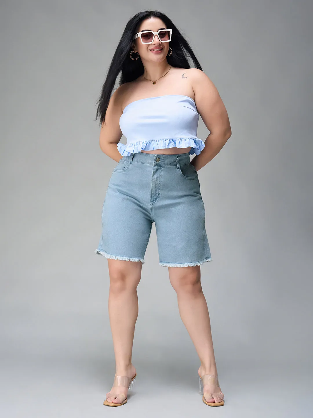 Women's Light Blue High Rise Above Knee Stretchable Denim Shorts