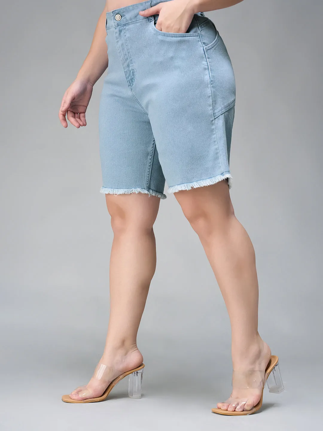 Women's Light Blue High Rise Above Knee Stretchable Denim Shorts
