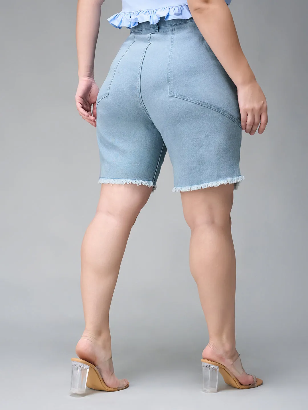 Women's Light Blue High Rise Above Knee Stretchable Denim Shorts